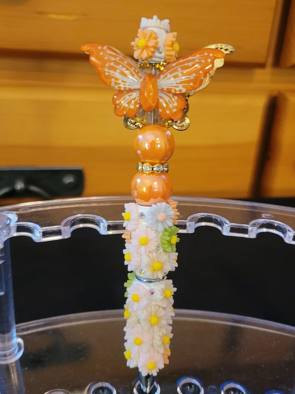 Orange Handmade Beaded Butterfly Floral Pen